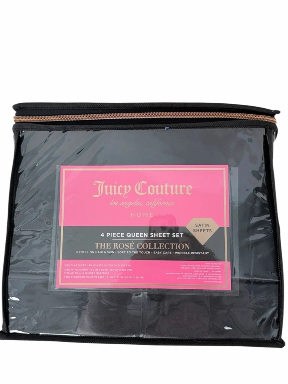 Juicy Couture Queen Satin Sheet Set The Rose Collection Black 4 Piece sheet Set